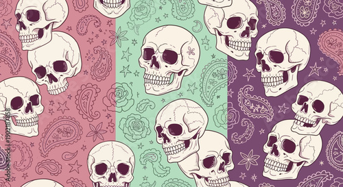 Stylized human skulls and paisley patterns on a vibrant three-panel background.
