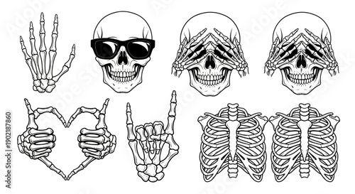 Monochrome vector art depicting different human skeleton body parts, including hands making gestures, skulls with sunglasses, and rib cages.