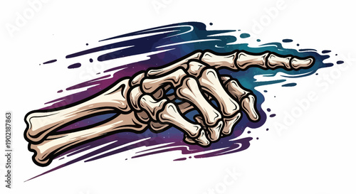 Detailed skeletal hand pointing right with a vibrant cosmic streak background.