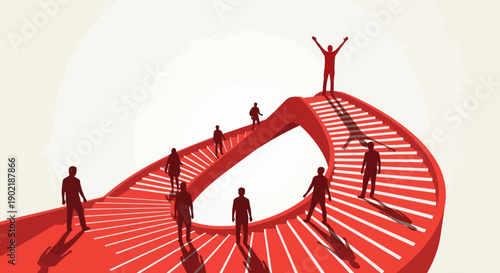 Silhouettes of people climbing an endless red Mobius strip staircase towards a triumphant figure at the top, symbolizing continuous progress and achievement.