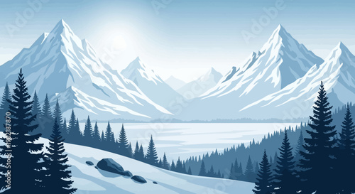 A serene winter landscape featuring majestic snow-capped mountains, a frozen lake, and dense pine forests under a bright, clear sky.