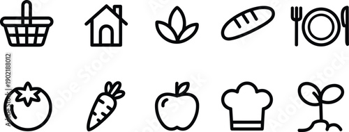 Agriculture, farming, barn, house, plant, leaf, chicken, cow, livestock, watering can, eco, rural, garden, sustainability, crop, tree, nature, icon, vector, silhouette, set