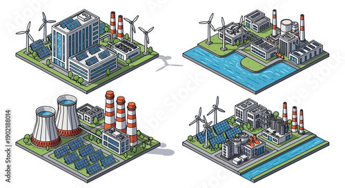 Isometric illustration of various power plants and industrial complexes, including renewable energy sources like solar panels and wind turbines, depicting modern energy infrastructure.