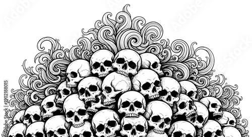 Detailed black and white illustration of a massive pile of human skulls with intricate swirling patterns, creating a macabre and artistic composition.
