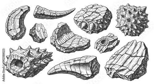 Detailed black and white sketch of various ancient fossilized remains and fragments, showcasing diverse textures and shapes.