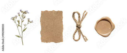 Valokuva Blue dried flowers with torn kraft paper, rustic twine and a wax seal, isolated on transparent background