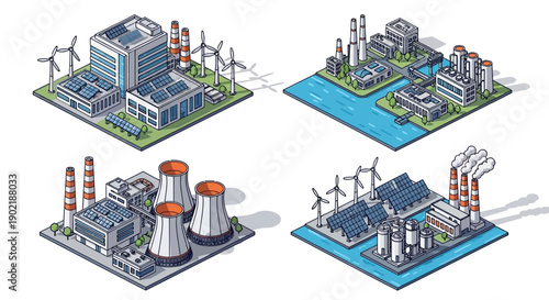 Isometric illustration of four different types of power plants, including renewable energy, nuclear, and fossil fuel facilities.