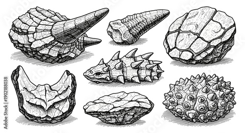 Detailed black and white illustrations of various fossilized objects, showcasing intricate textures and organic forms from ancient life.