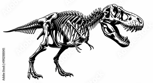 Detailed black and white illustration of a Tyrannosaurus Rex skeleton.