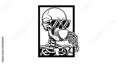 A cool skeleton wearing sunglasses and drinking from a cup, depicted in a black and white illustration.