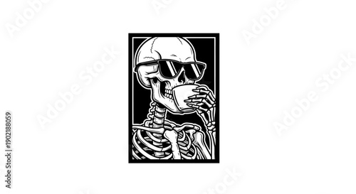 A cool skeleton wearing sunglasses sips coffee from a mug, depicted in a black and white graphic illustration.