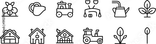 Agriculture, farming, gardening, tractor, sprinkler, watering can, gloves, flower, plant, leaf, rural, house, school, church, community, icon, vector, silhouette, design, nature, set