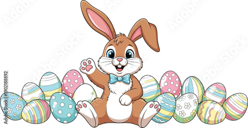 Cheerful cartoon illustration of an adorable brown easter bunny wearing a blue bowtie sitting happily amidst a variety of colorful decorated eggs waving hello.