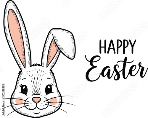 Charming hand drawn white bunny face illustration with soft pink inner ears wishing everyone a very happy and joyful spring holiday celebration