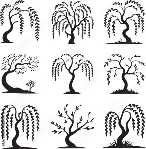 collection of various weeping tree silhouettes on white background