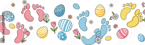 Adorable cartoon border design featuring colorful baby footprints intermingled with festive decorated easter eggs and delicate spring flowers creating a whimsical boundary.
