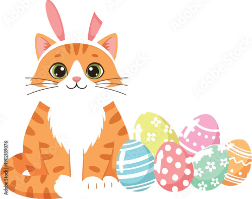 Adorable cartoon orange tabby cat wearing white bunny ears sits happily next to a festive collection of brightly colored and decorated easter eggs