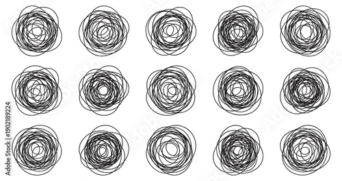 Abstract scribble circle doodle sketch elements, messy handdrawn swirl line vector icon set on transparent background
