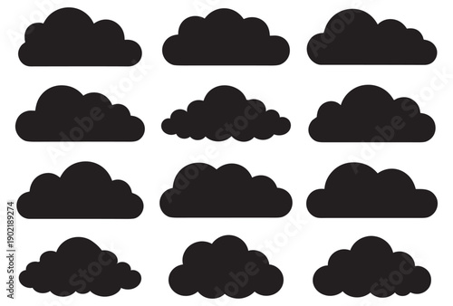 Cloud silhouettes and sky weather icon shapes vector symbol set on transparent background
