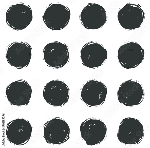 Grunge circle brush paint stamps, rough round frame shapes vector icon set on transparent background
