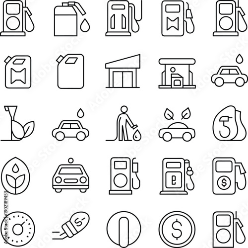Black and white fuel energy eco icon set, vector gas pump car leaf droplet coin dollar symbols, transportation sustainability design collection