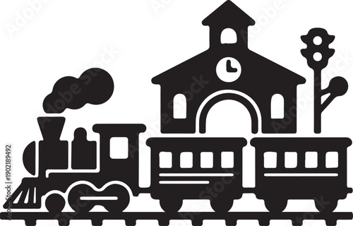Railway Station Icon in silhouette on white background.