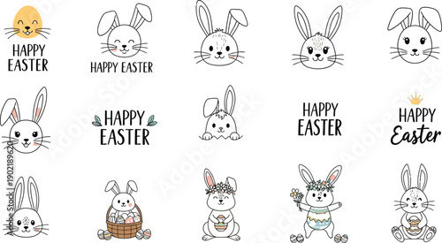 Adorable collection of happy easter bunny faces various designs celebrating the spring holiday with festive typography elements.