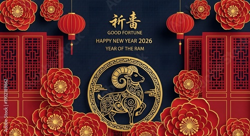 Chinese New Year 2026 Year of the Ram Celebration with Red and Gold Decorations