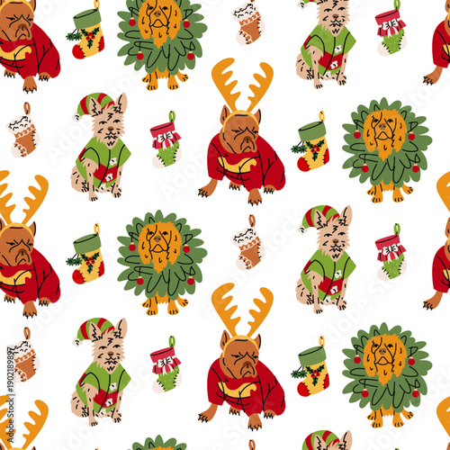 Seamless pattern with cute dogs in reindeer, elf and wreath costumes with Christmas stockings. Festive holiday background for winter wrapping paper, pet textile prints, or decor projects