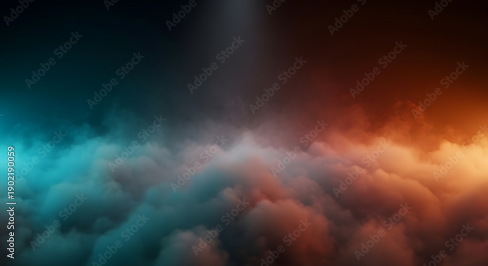 Fototapeta premium Dramatic Teal and Orange Smoke Fog Background with Cinematic Vibrant Lighting and Abstract Dark Atmosphere Effect