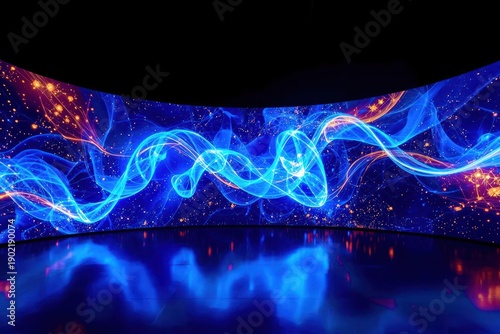 A large blue and orange wave is projected on a wall