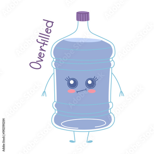 Cute kawaii large water bottle character with overfilled emotion and lettering. Funny blue gallon sticker for social media, healthy lifestyle posters, or water delivery service decor projects