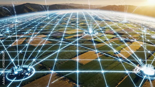 Sustainable agriculture feeding the world, vast fields merging into glowing global grid line