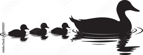 Black silhouette of a duck floating on water, isolated on a white background. Minimal vector illustration ideal for logos, icons, wildlife, and nature-themed designs.