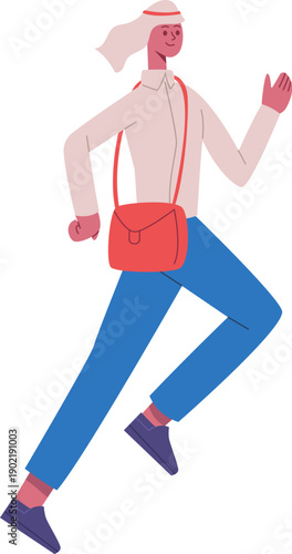 Young woman running, carrying a red shoulder bag