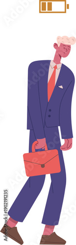 Businessman feeling burnout with low energy battery