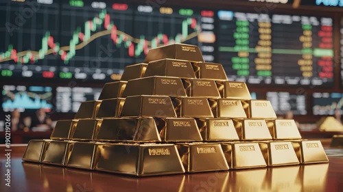 The image features a large stack of gold bars, symbolizing wealth and investment. Behind the gold bars, stock market graphs indicate fluctuations in prices and trends.