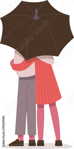 Couple sharing umbrella embracing on white background
