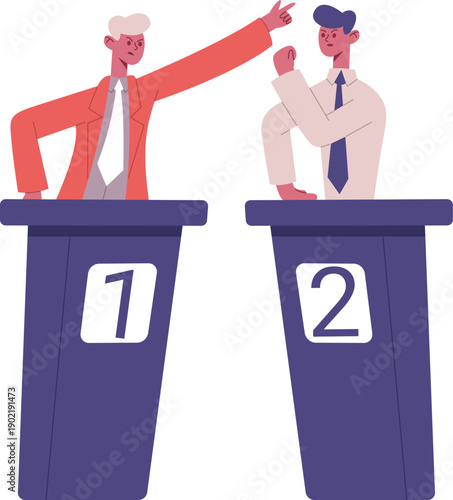 People debating ideas standing at election podiums