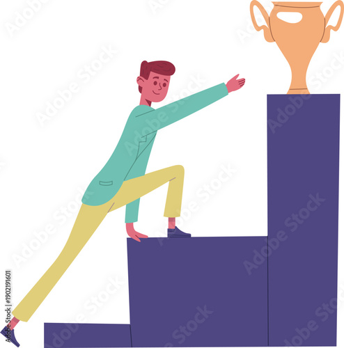 Businessman climbing career steps reaching for success trophy