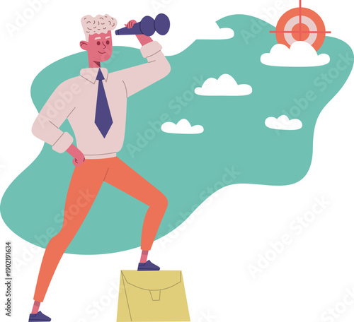 Man standing on a briefcase using binoculars to see a goal