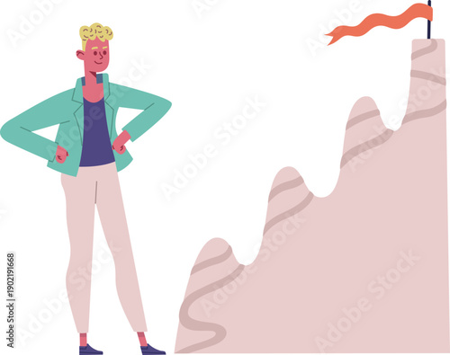 Person looking at challenging mountain goal with achieving flag