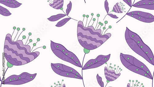 Beautiful seamless floral pattern showcasing purple bell-shaped flowers and dotted green leaves on a light background.