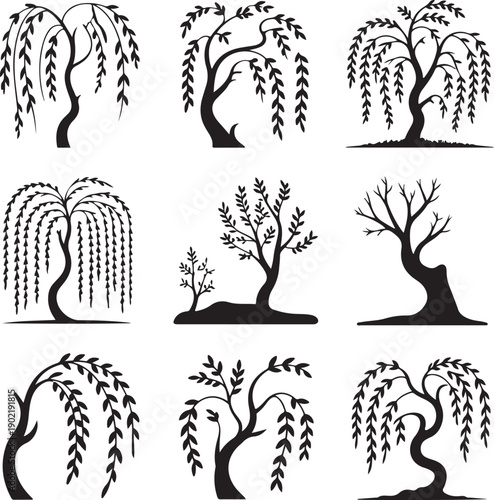 set of various willow tree silhouettes with hanging branches