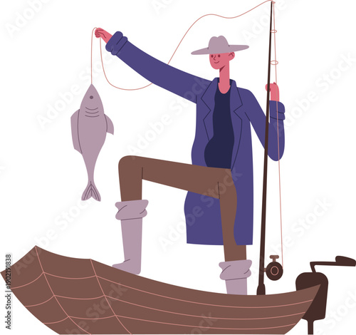Fisherman catching fish standing in small boat