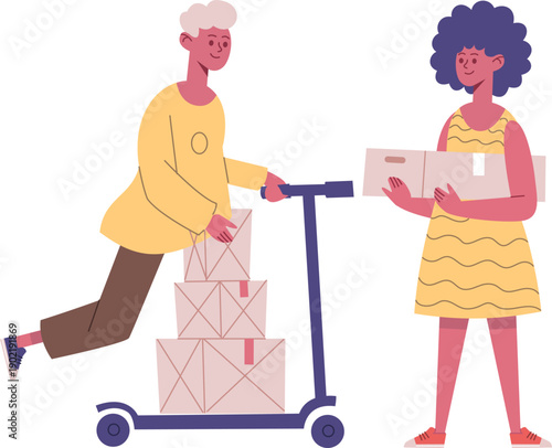Person delivering packages on scooter to customer receiving box