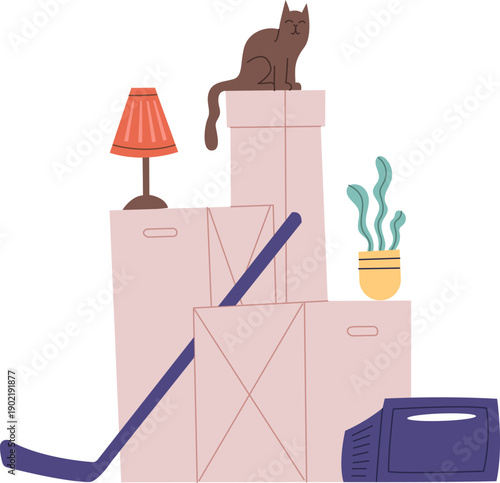 Cat sitting on moving boxes preparing to relocate