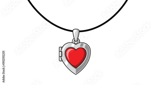 Delicate silver heart-shaped locket pendant featuring a vibrant red heart in the center hanging from a black cord.