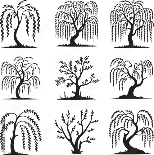set of weeping willow tree silhouettes on white background