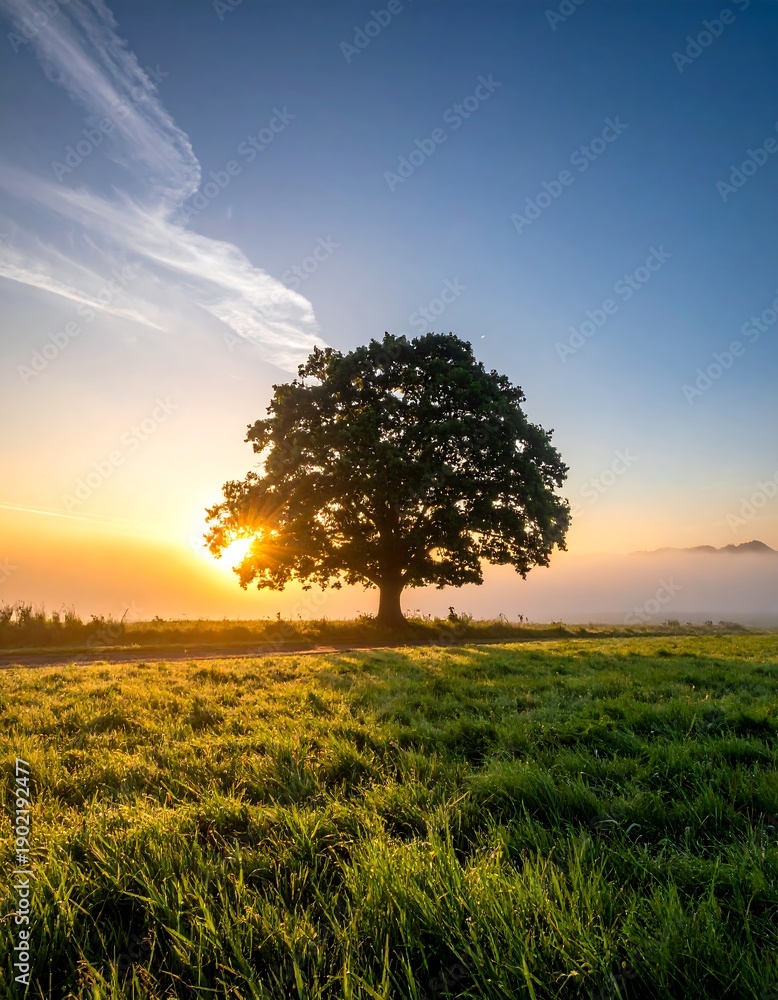 Fototapeta premium Silhouette of a large tree silhouetted against a sunrise sky
